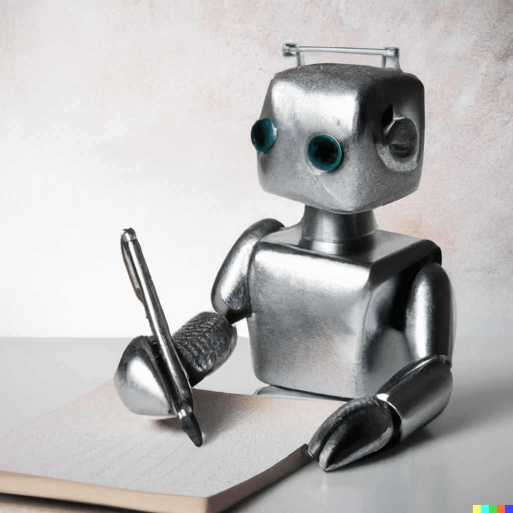 DALL·E-2023-04-02-21.15.03-a-silver-robot-sitting-at-a-desk-writing-on-a-piece-of-paper-with-a-pen