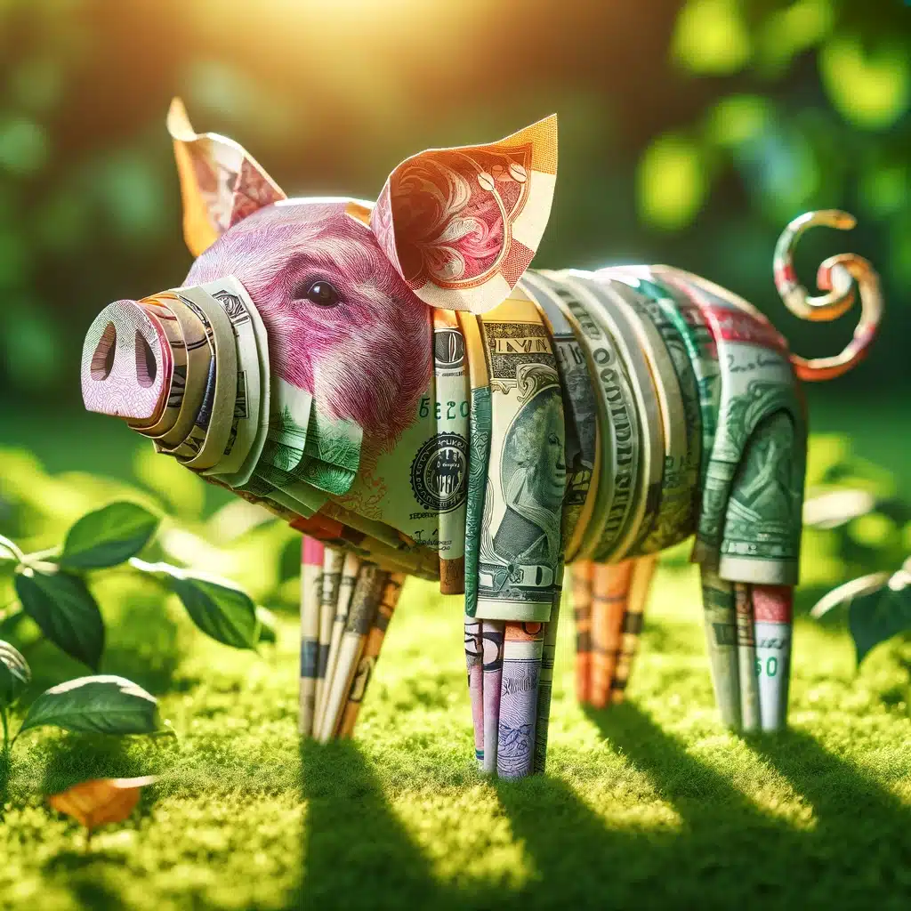 DALL·E-2024-03-06-18.59.55-Envision-a-whimsical-charming-pig-standing-proudly-on-a-lush-green-meadow.-This-unique-pig-is-crafted-entirely-from-various-currency-notes-each-note