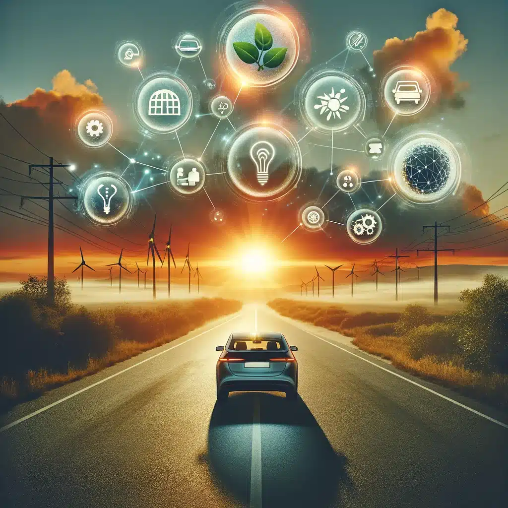 DALL·E 2024-03-09 12.36.32 - A car sits on an open road, the sun setting in the background. Above the car, several idea bubbles are emerging, each containing different futuristic