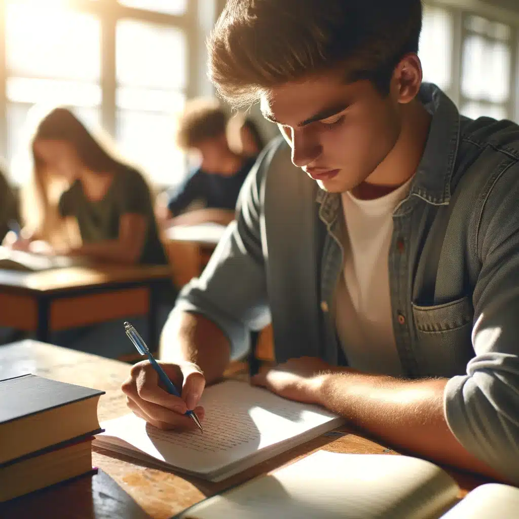DALL·E 2024-03-15 10.49.27 - A focused student sits at a wooden desk in a sunlit classroom, diligently writing on a piece of paper with a pen. The classroom is filled with other s