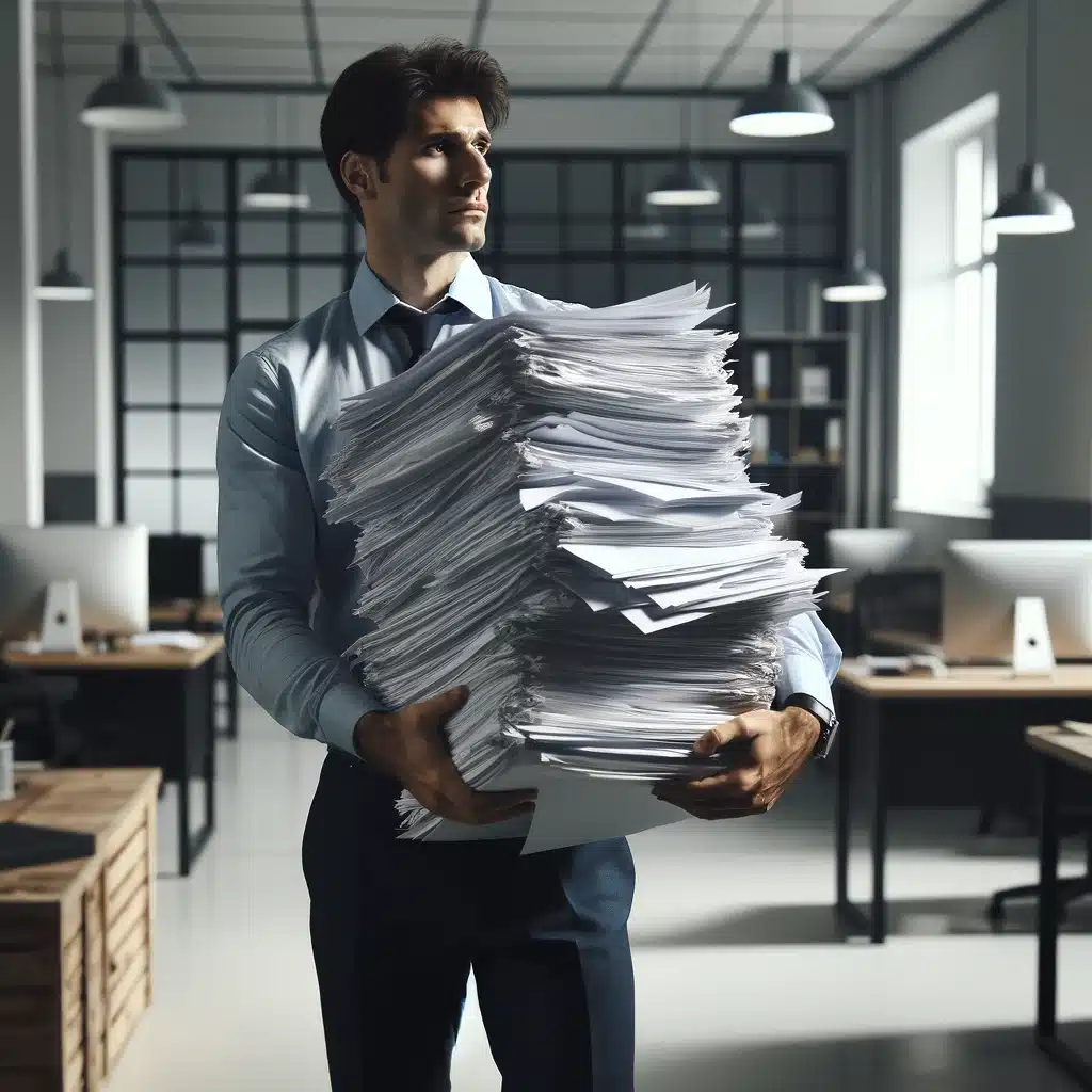 DALL·E-2024-03-23-10.22.12-A-man-stands-holding-a-large-bunch-of-papers-in-his-arms-looking-slightly-overwhelmed-but-determined.-The-scene-is-in-an-office-environment-with-a-d