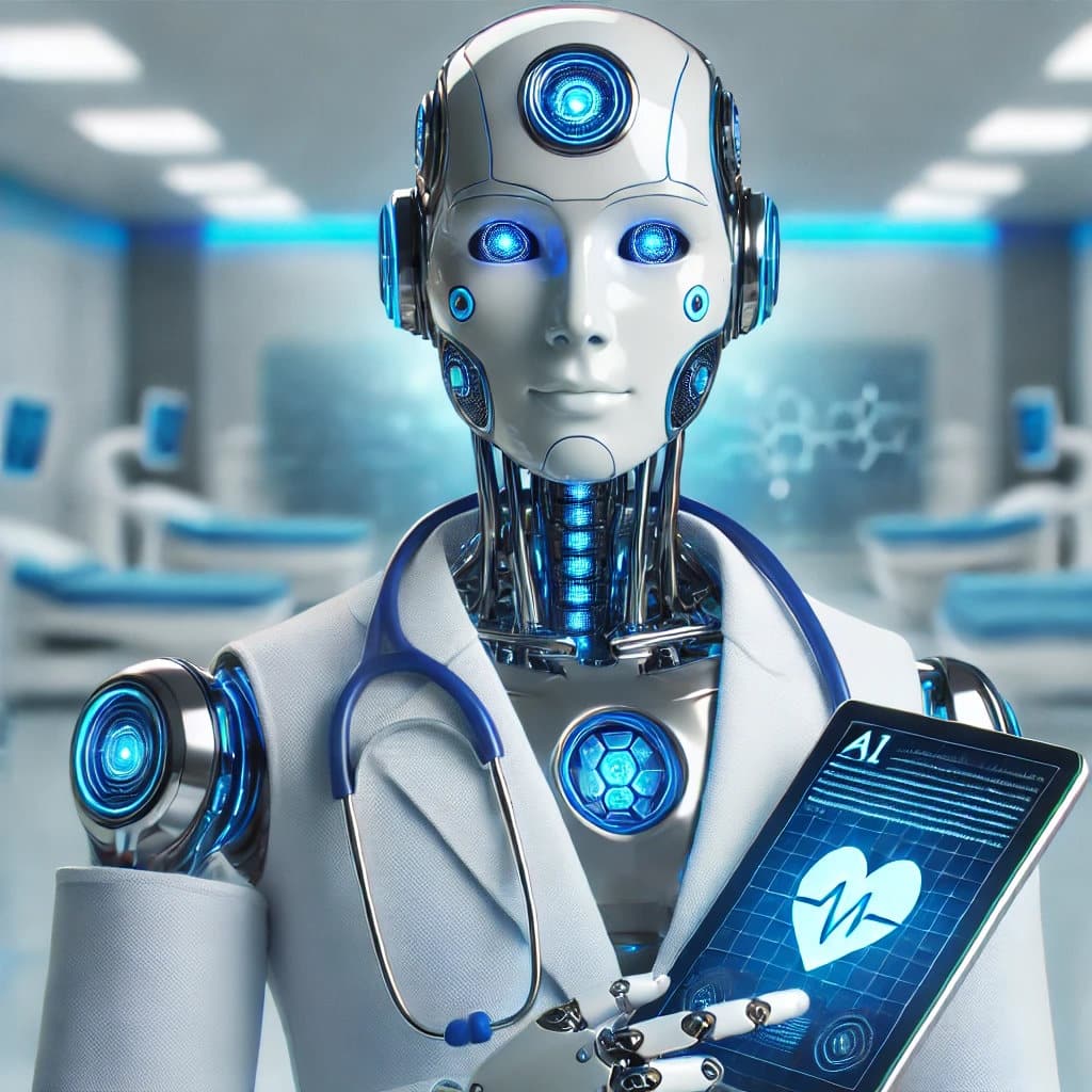 DALL·E 2024-09-25 20.09.14 - A futuristic AI-powered robot dressed as a doctor. The robot has a sleek, metallic body with blue glowing accents and humanoid features, wearing a tra