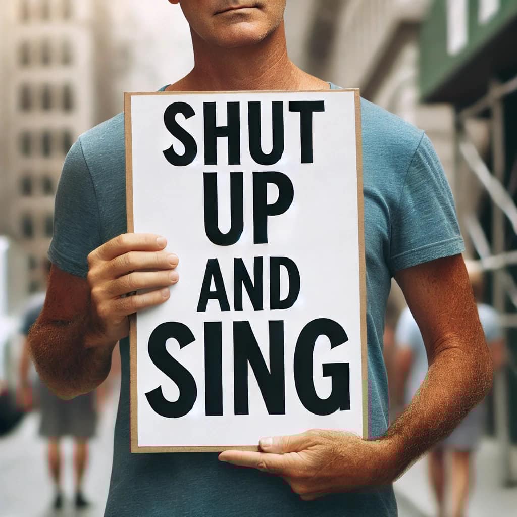DALL·E 2024-11-08 22.35.40 - A man holding a poster with the phrase _Shut up and sing_ written on it. The man is middle-aged, Caucasian, with short brown hair and wearing a casual