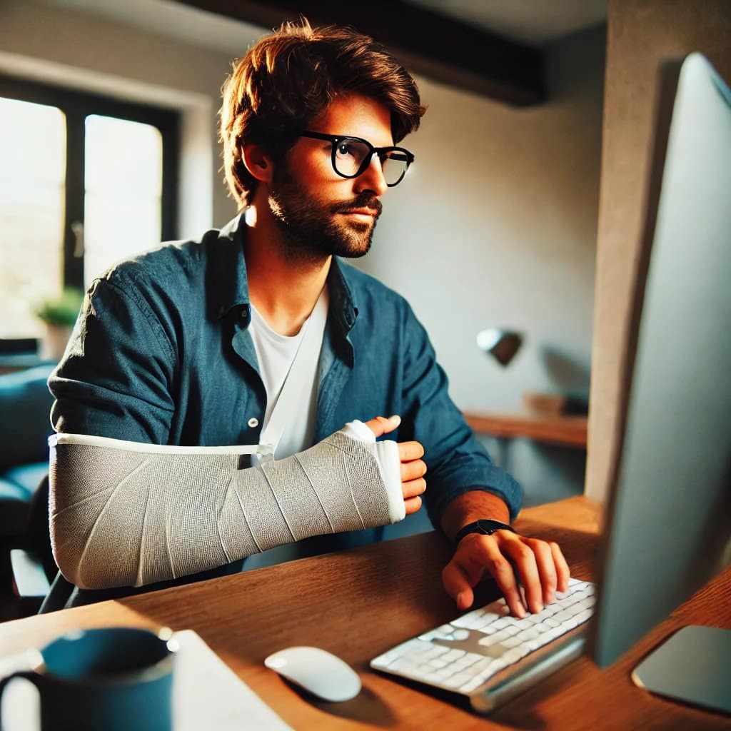 DALL·E 2024-11-08 22.43.24 - A man with a cast on his right arm sits at a desk, using a computer. He has short brown hair and wears glasses. The man is dressed in a casual blue sh