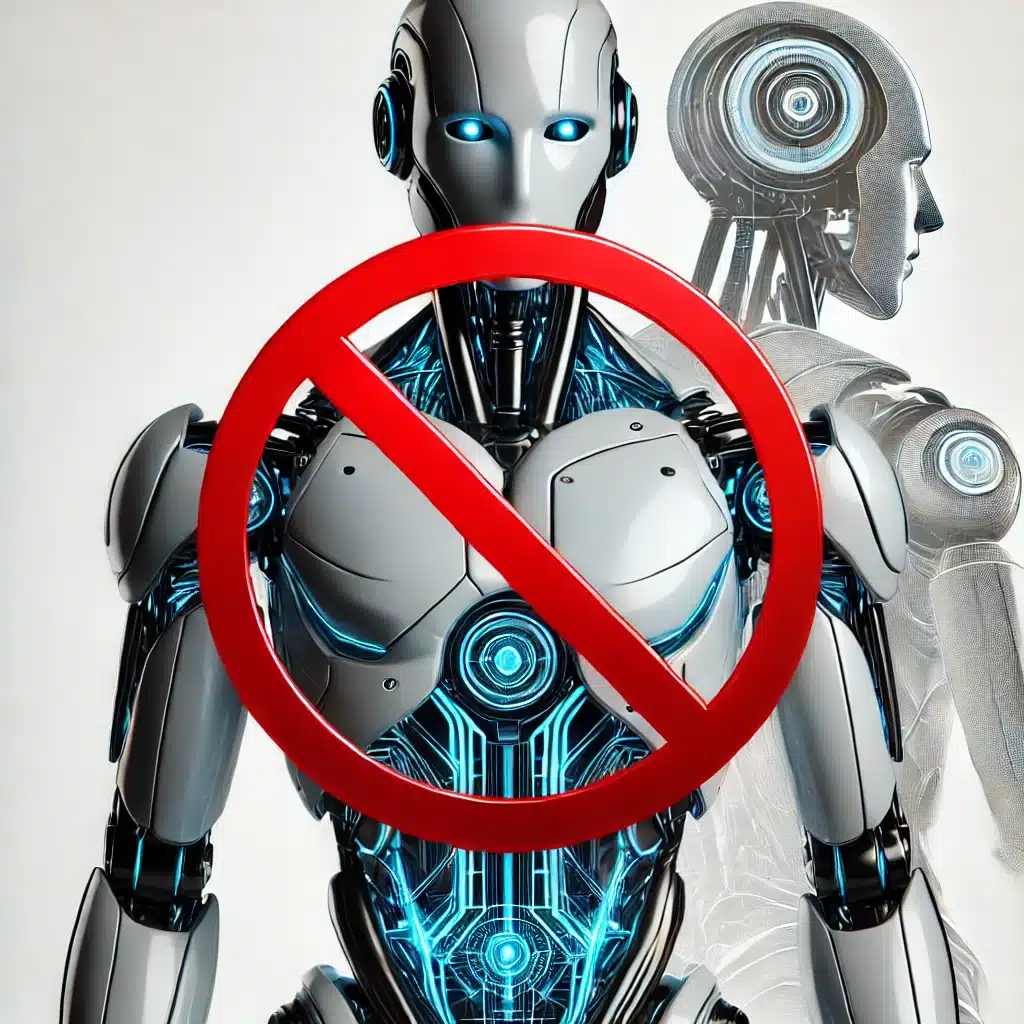 DALL·E 2024-11-16 15.39.44 - A graphic image of a futuristic, sleek robot with a metallic silver finish, standing behind a bold red circle with a diagonal line through it, symboli