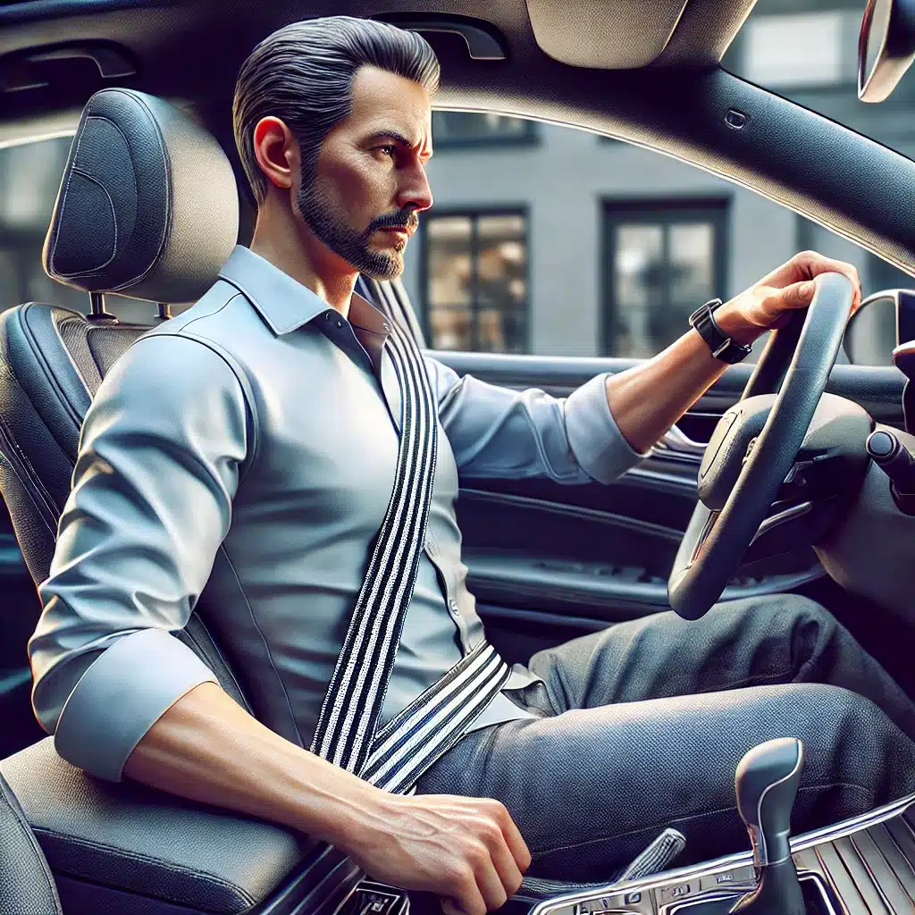 DALL·E 2024-12-28 13.41.56 - A detailed image of a man driving a car, wearing a clearly visible seatbelt. The man is seated in the driver's seat of a modern car, holding the steer